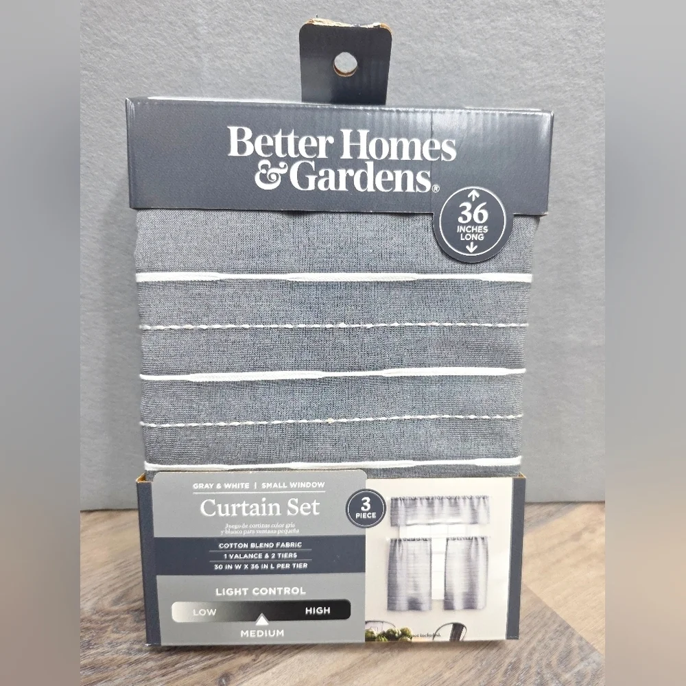 Better Homes & Gardens Gray & White Curtain Set 36” | Small Window | 3-Piece New